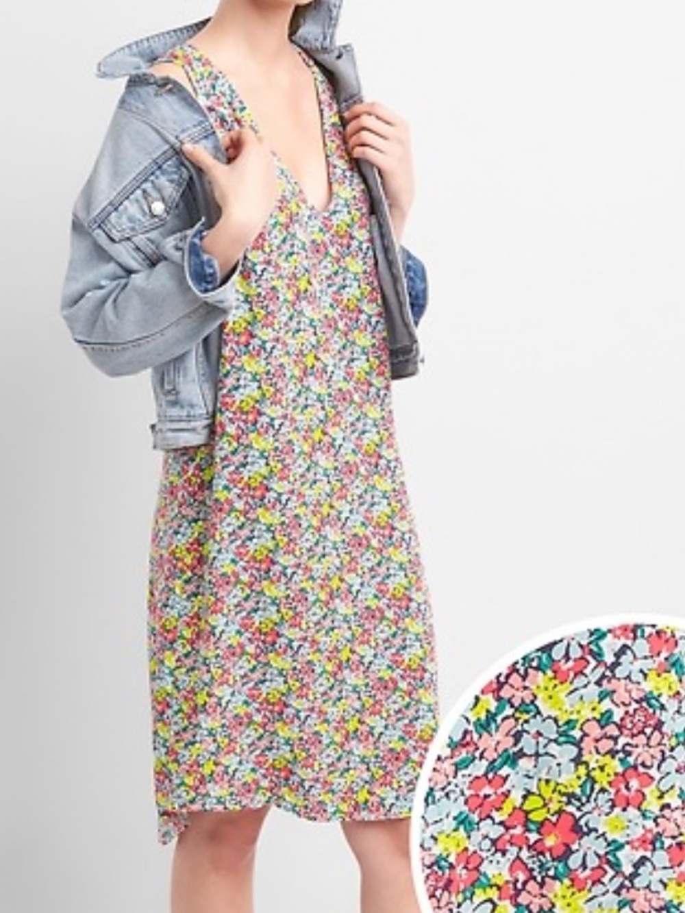 GAP 90s Floral Sleeveless V-Neck Dress in Pink, Yellow, Green, Blue Size Small